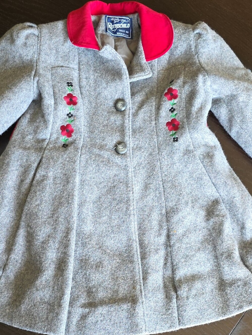 Rothschild Gray Pea Coat with Bright Pink Collar and Floral Embroidery